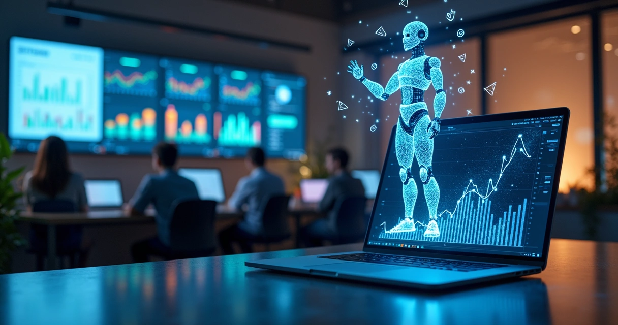 Mesa de escritório moderno com laptop exibindo gráficos de marketing digital, robô de IA holográfico projetado acima, telas mostrando fluxos de automação e equipe de agências discutindo em segundo pla