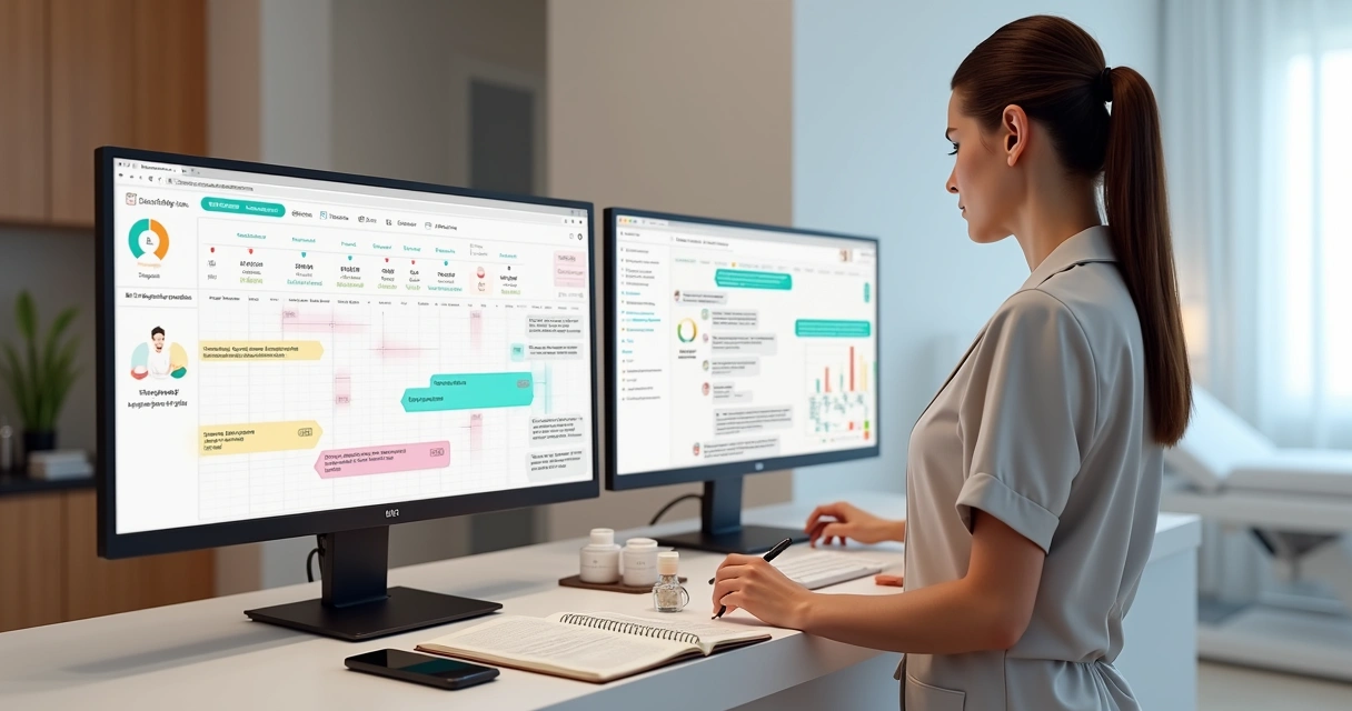 Esteticista analisando automação de marketing e assistente virtual em clínica de estética 