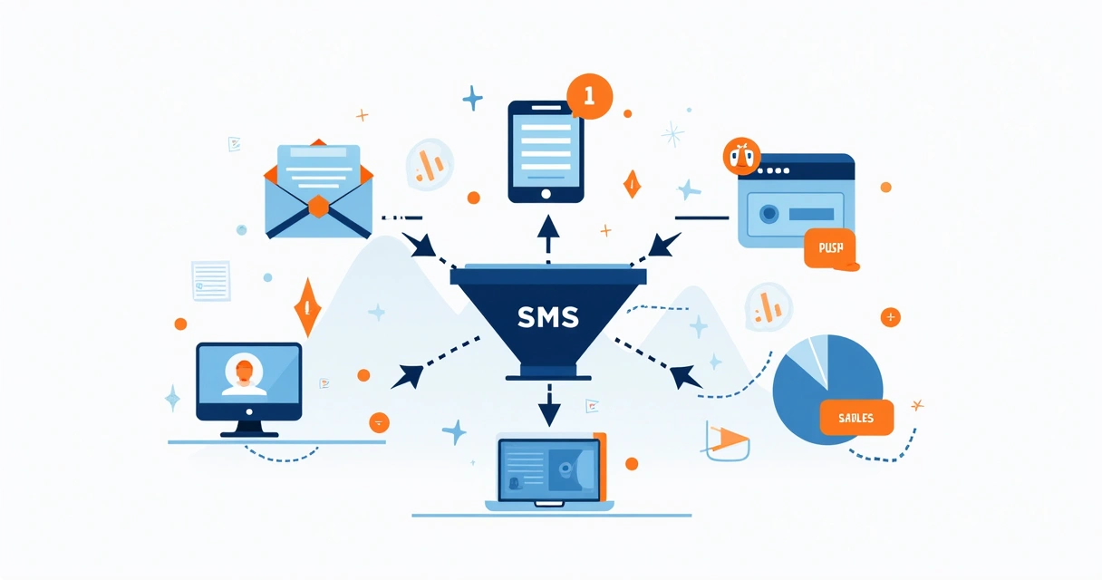 Fluxo visual de automação de marketing digital com e-mails, push e SMS conectados a um funil de vendas.