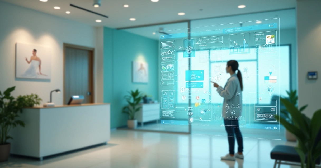 Painel digital colorido mostrando automações de marketing ao lado de recepção de clínica odontológica pequena 