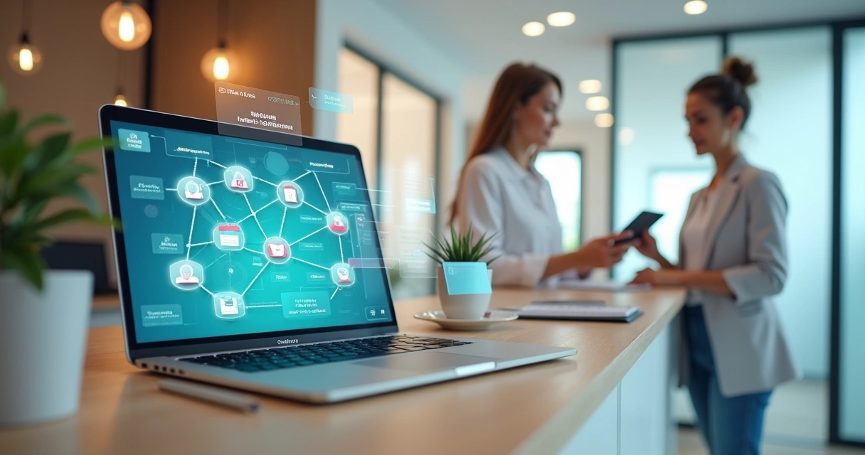 Dashboard digital com fluxos de automação conectando marketing e consultório 