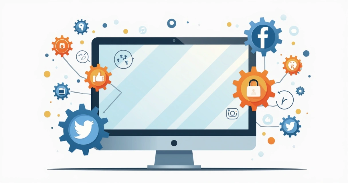 Ilustração de computador conectado a engrenagens e redes sociais 