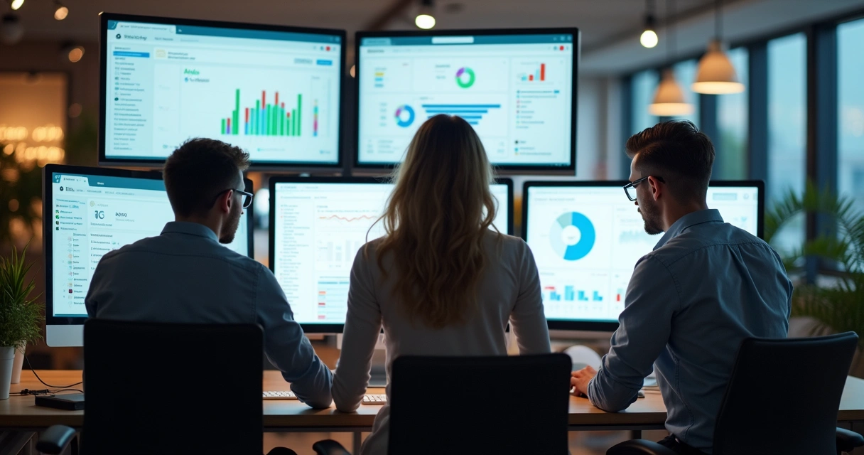 Equipe de marketing digital analisando automação em telas de computador 