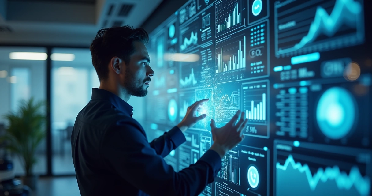 Profissional analisando gráficos digitais de marketing ao lado de ícones de IA, CRM, WhatsApp e Instagram em tela transparente 