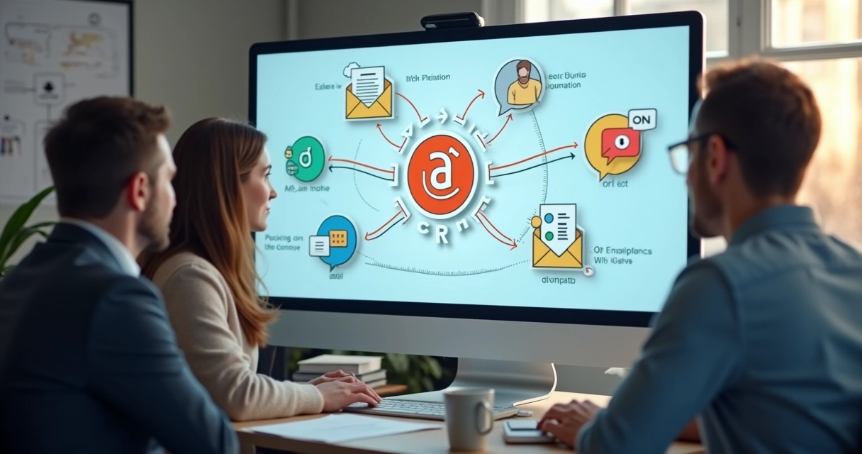 Equipe de marketing em frente a um painel digital com automações