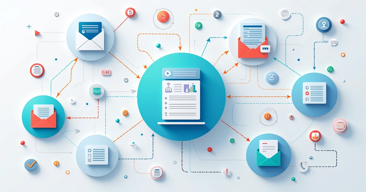 Ilustração de um workflow de automação de marketing com diferentes canais 