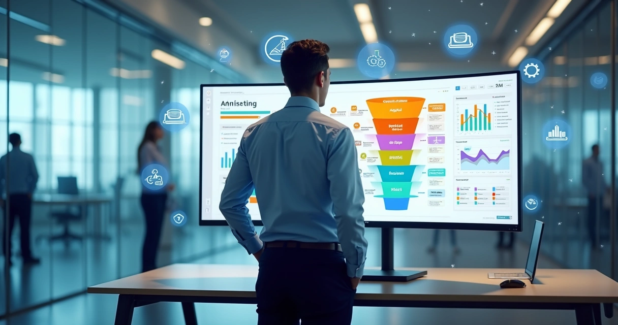 Dashboard com profissional analisando automação de marketing B2B em tela cheia 