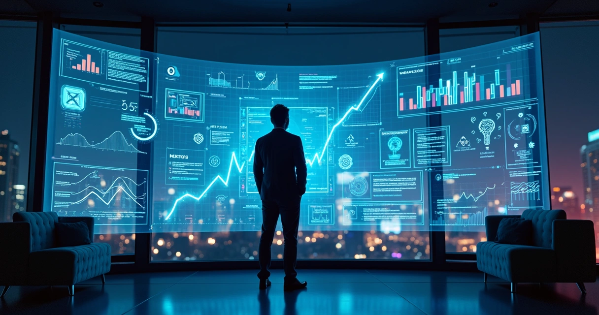 Executivo observando painel digital com automação de marketing e gráficos de desempenho 