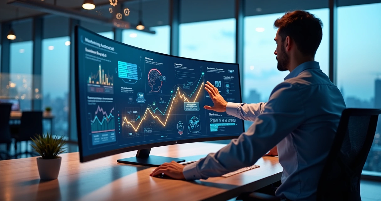 Painel digital com profissional analisando automação de marketing e gráficos de crescimento 
