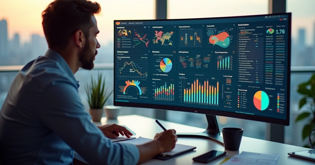 Profissional de marketing analisando painel com automações de IA 