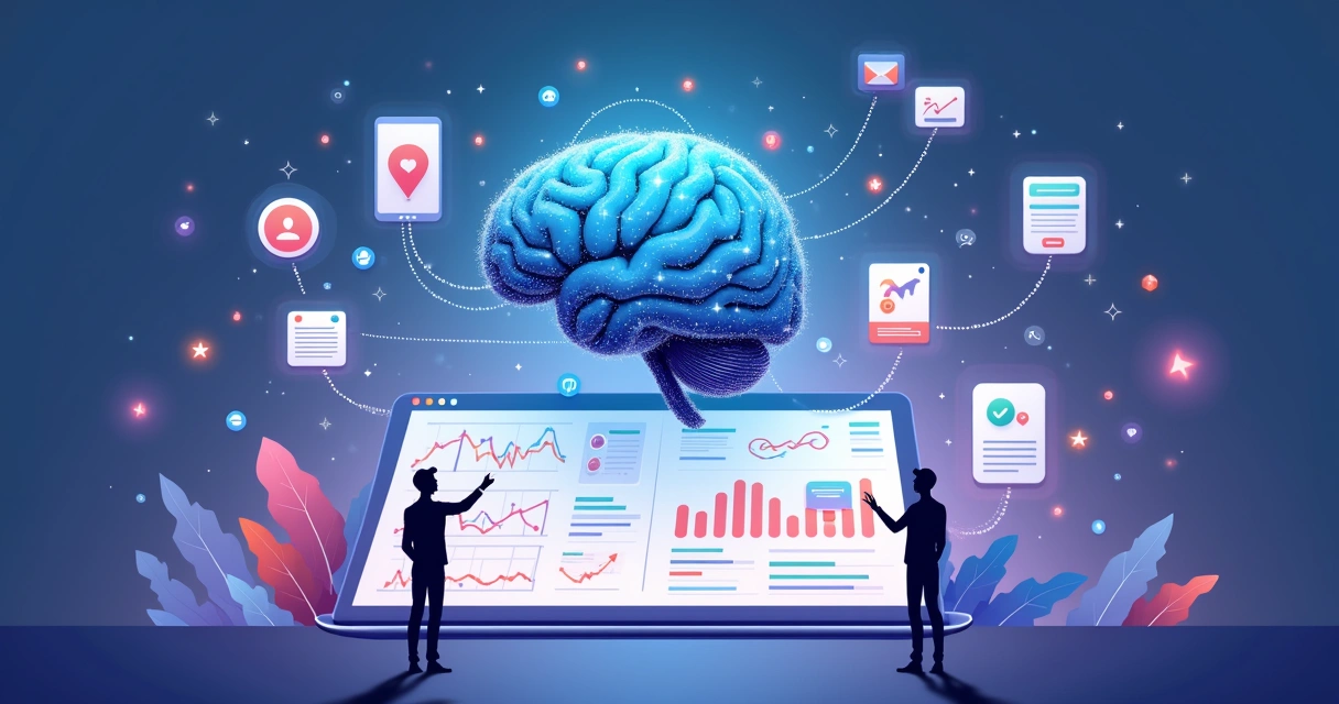 Painel de automação de marketing com IA orquestrando vários canais digitais em 2026 