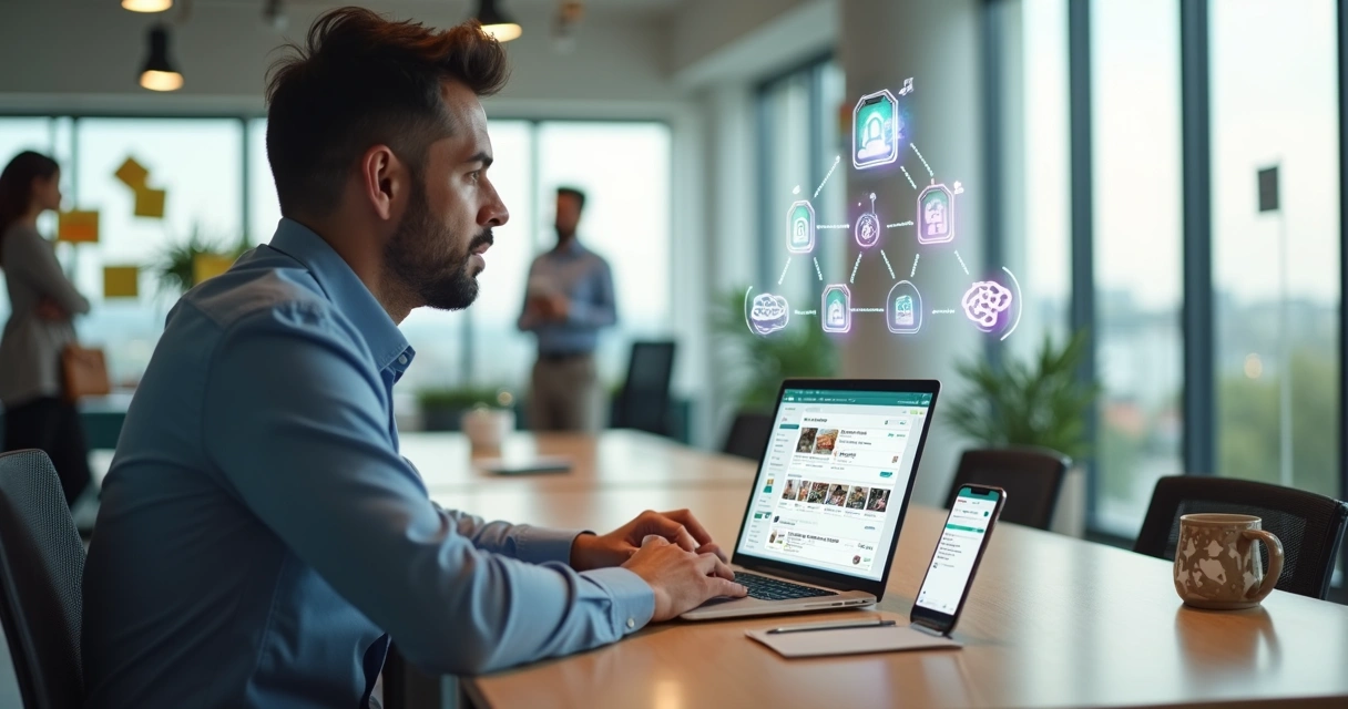 Corretora usando CRM imobiliário com automações de marketing no notebook e no celular 