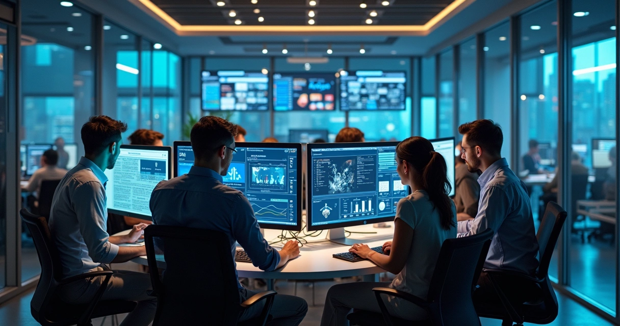 Time de marketing usando IA para automatizar processos digitais em computadores