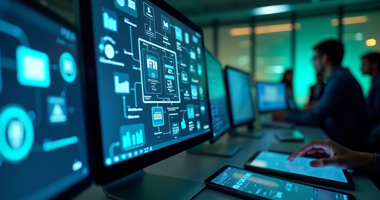 Automação de campanhas com computadores mostrando fluxos de trabalho digitais 