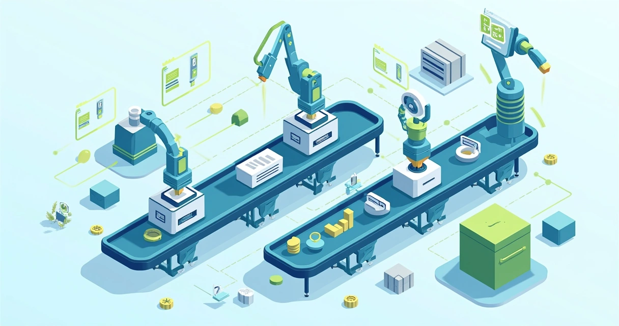 Ilustração de esteira de automação de marketing com leads sendo nutridos por máquinas 