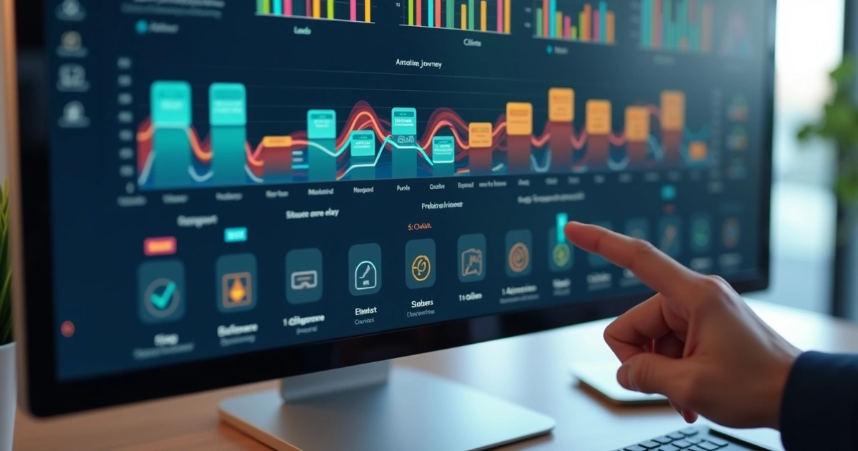 Painel digital com automação de marketing mostrando sequências de e-mails para clientes contábeis 