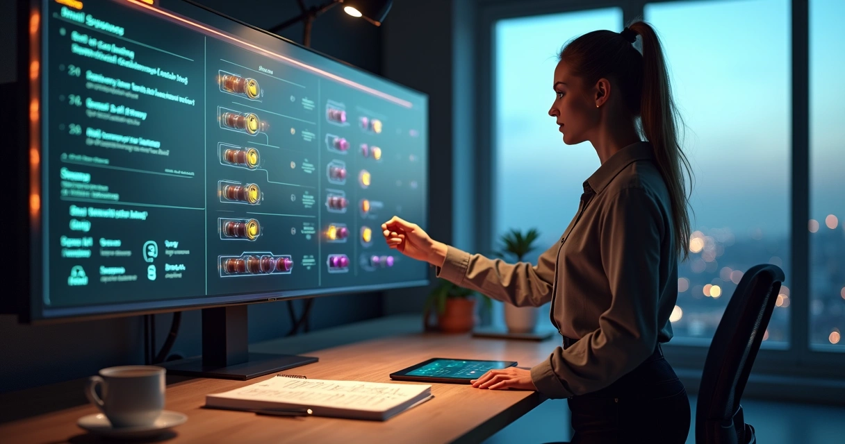 Gestora ajustando painel físico cheio de ícones de automação de marketing 