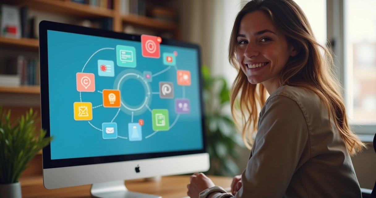 Pequeno comerciante sorrindo ao lado de computador exibindo fluxo de automação de marketing, com ícones digitais coloridos flutuando ao redor 