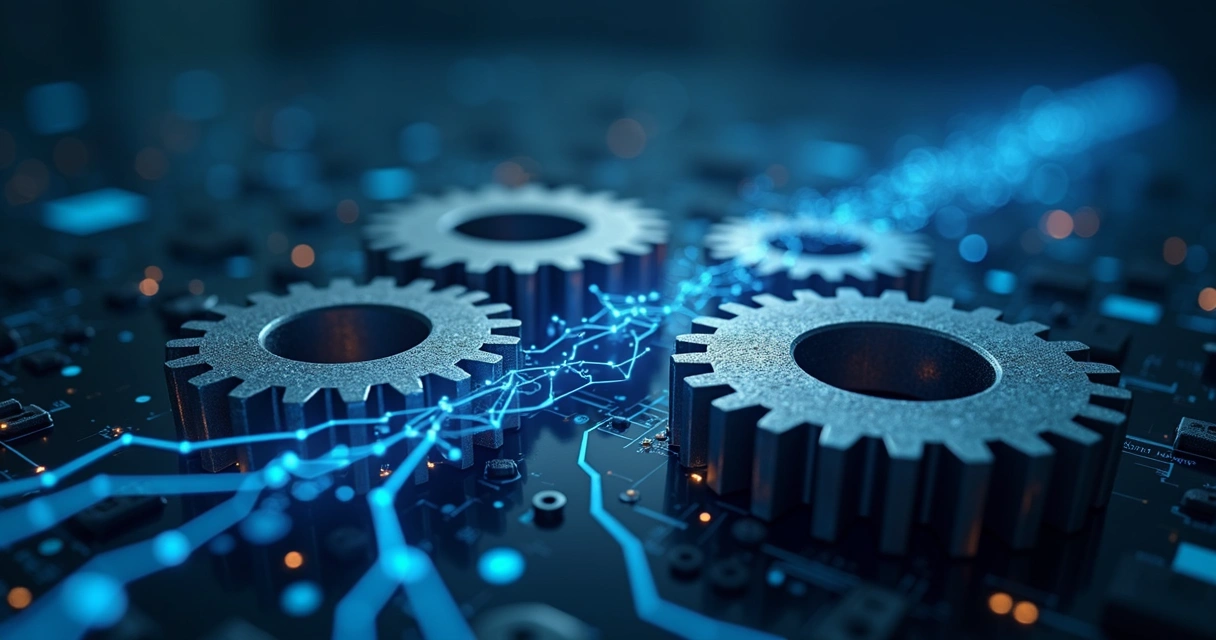 Engrenagens conectadas por circuitos representando automação no marketing 