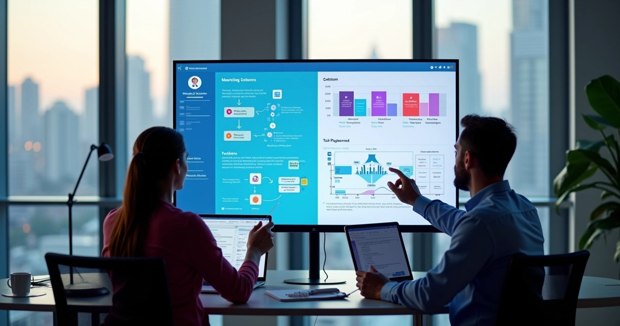 Painel de CRM mostrando fluxos de automação de marketing e vendas lado a lado 