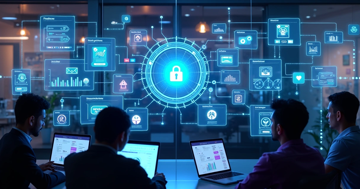 Representação de workflow de automação de marketing digital com gráficos e ícones interativos em ambiente digital 