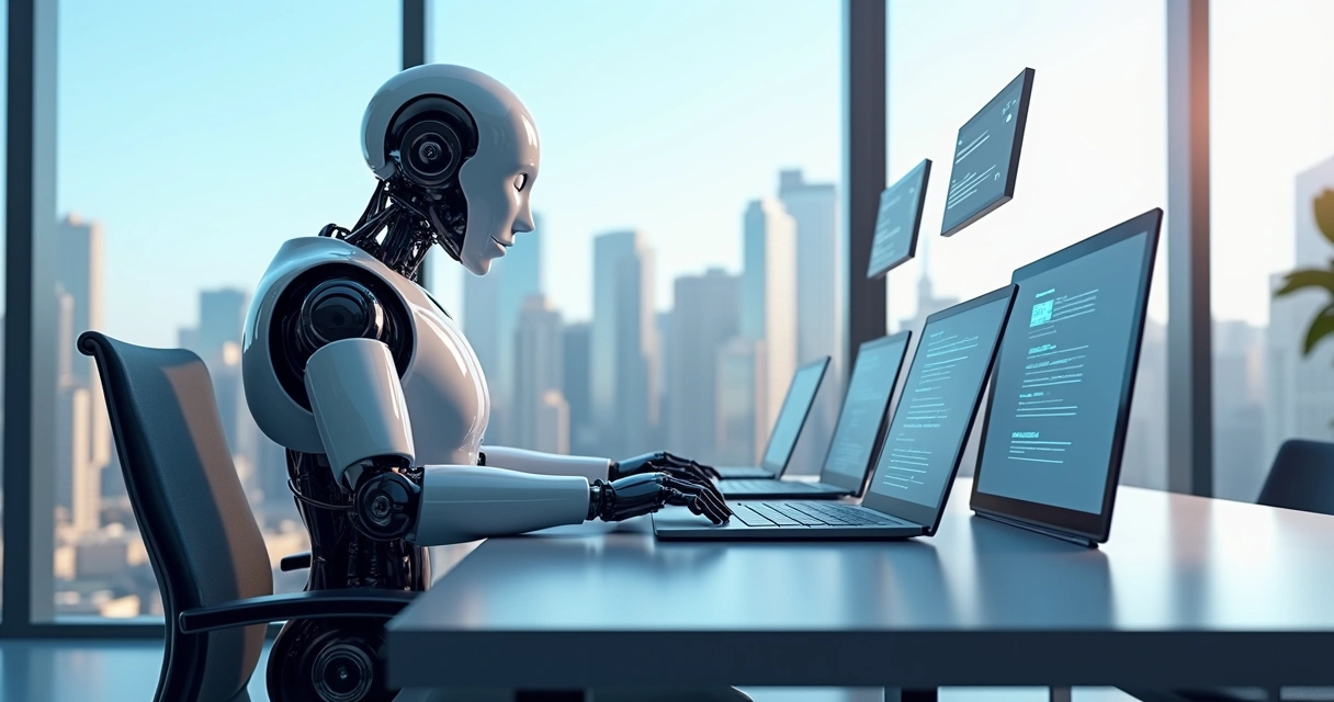 Robô enviando mensagens de acompanhamento a clientes em notebooks