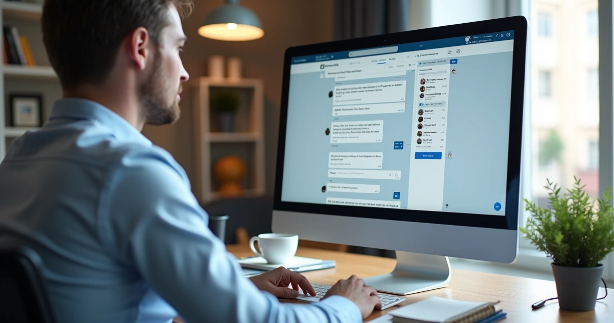 Pessoa programando automação de mensagens no LinkedIn, tela de chat aberta 