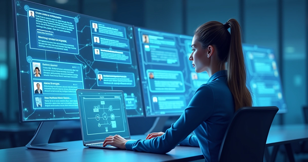 Ilustração de automação de mensagens LinkedIn com assistente virtual e notificações 