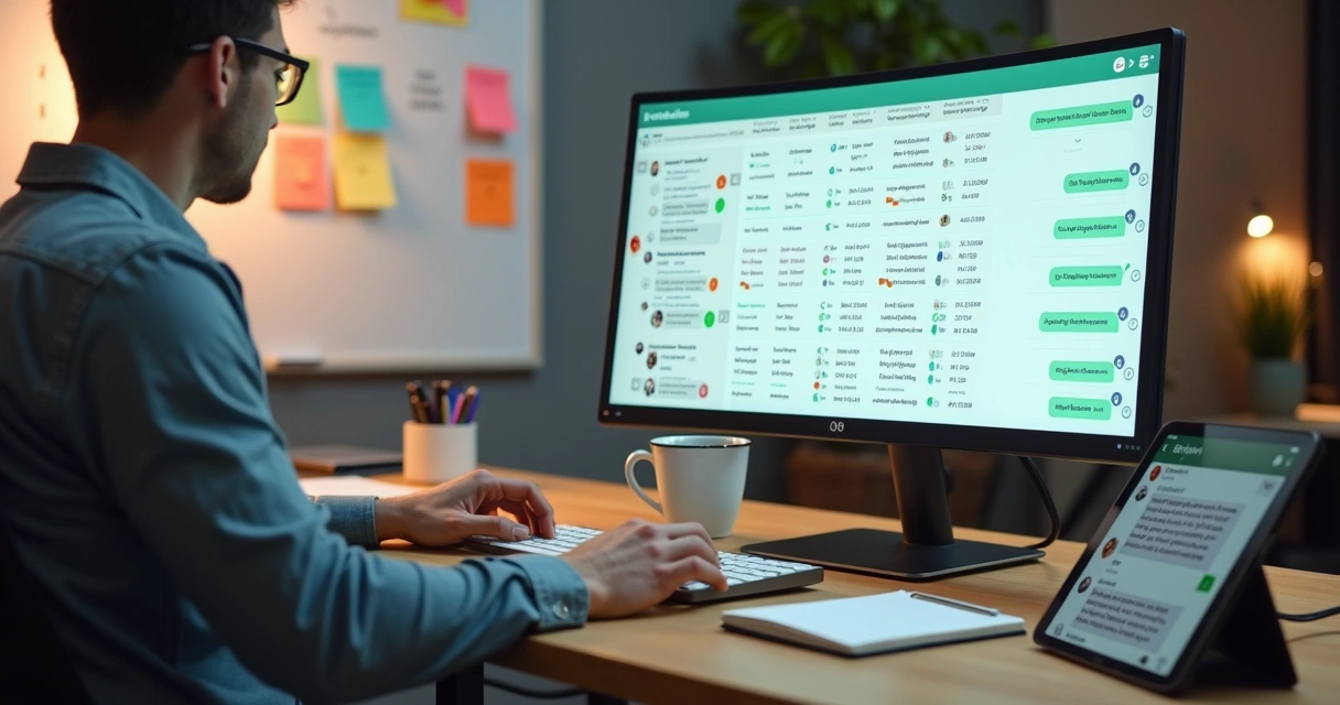 Gestor em escritório observando tela com mensagens automáticas reativando clientes inativos 