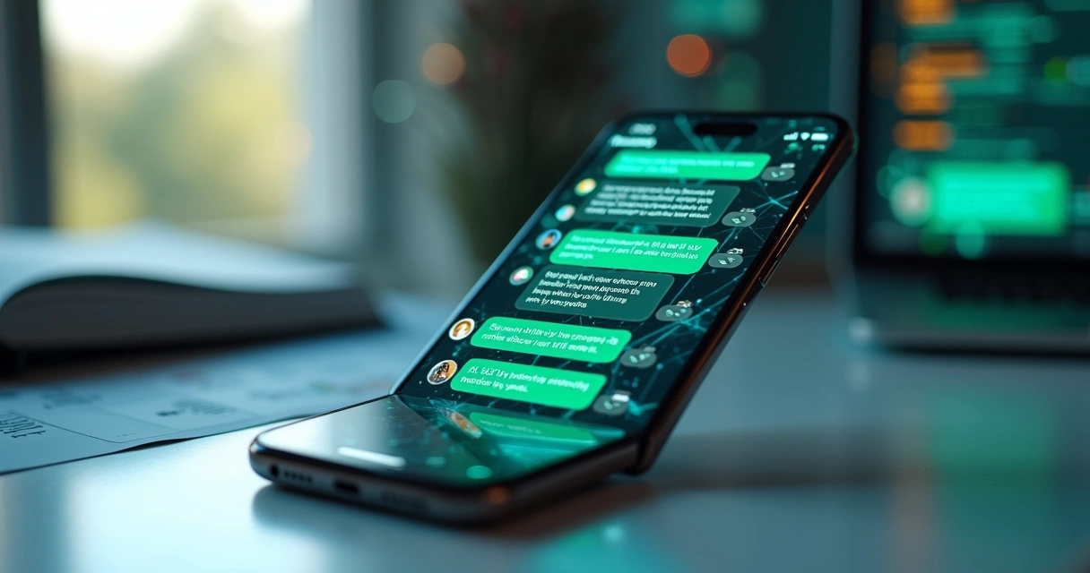 Tela de smartphone exibindo mensagens automáticas personalizadas no WhatsApp com interface moderna de IA e gráficos coloridos no fundo 
