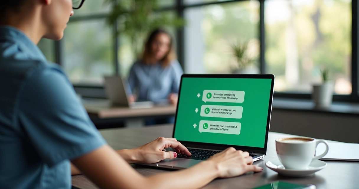 Pessoa utilizando aplicativo de mensagens automatizadas no WhatsApp em um notebook 