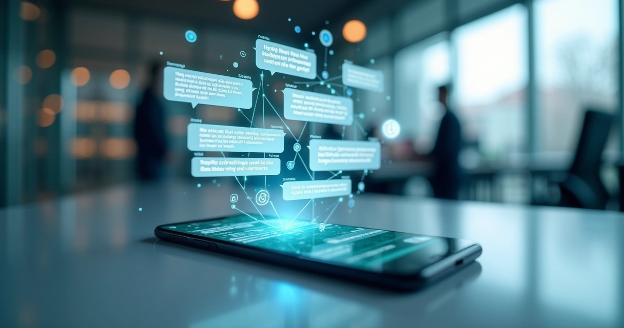 Tela de smartphone mostrando interface do WhatsApp com mensagens automatizadas e ícones de chatbot e CRM ao redor