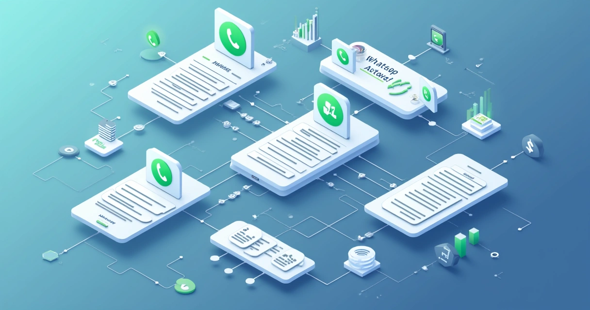 Diagrama representando automação de mensagens no WhatsApp, com múltiplos fluxos e integrações visíveis 