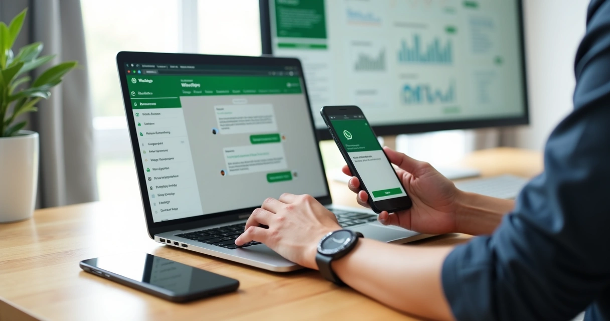 Profissional configurando automação de mensagens do WhatsApp em notebook e smartphone 
