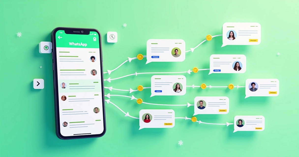 Ilustração colorida mostrando um fluxo de mensagens automáticas no WhatsApp com etapas de resposta, encaminhamento e lembretes 