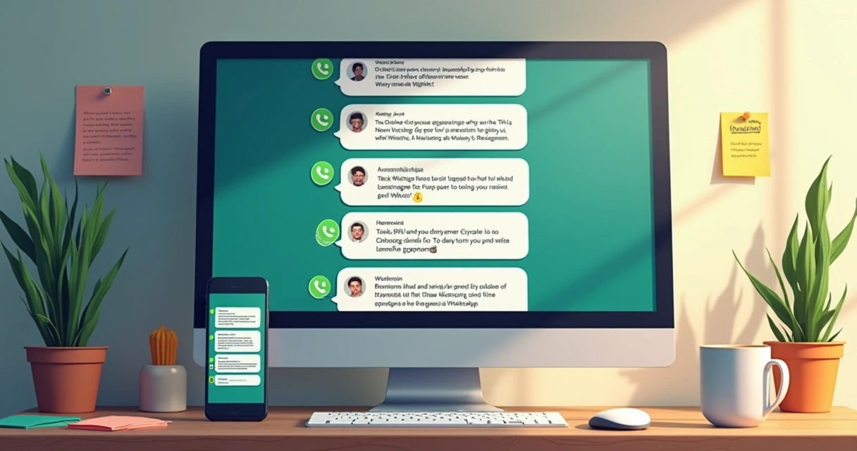 Tela de computador mostrando sequência automatizada de mensagens no WhatsApp