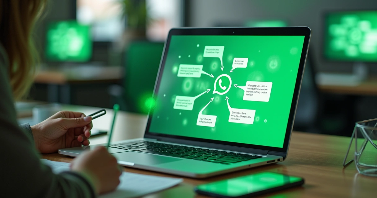 Pessoa usando computador enquanto mensagens do WhatsApp aparecem na tela