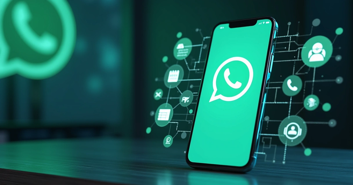 Celular com tela aberta no WhatsApp exibindo mensagens automáticas, cercado por ícones digitais de chatbot, calendário, gráficos de vendas e atendimento 24h