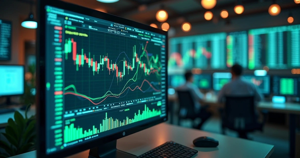 Tela de computador mostrando gráficos financeiros com robôs traders e inteligência artificial interagindo no mercado financeiro 