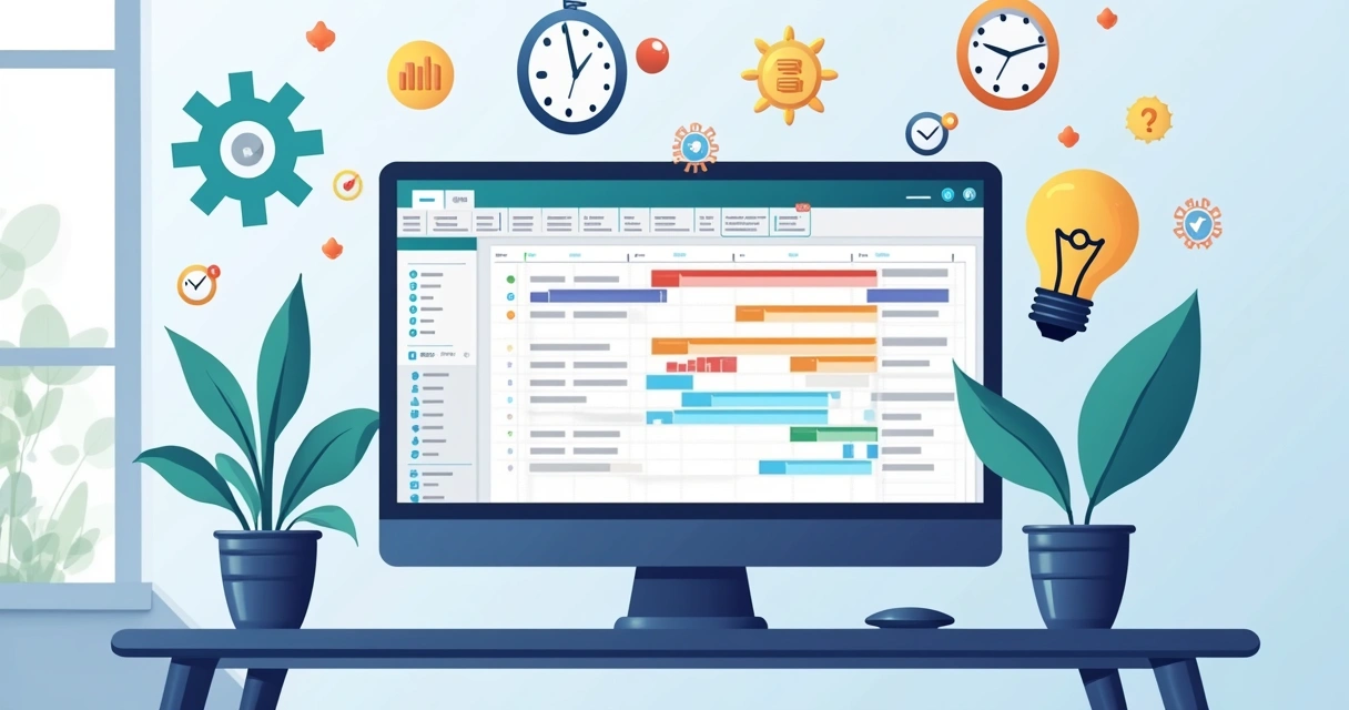 Ilustração corporativa mostrando tela do MS Project com gráficos e ícones de inteligência artificial integrados 