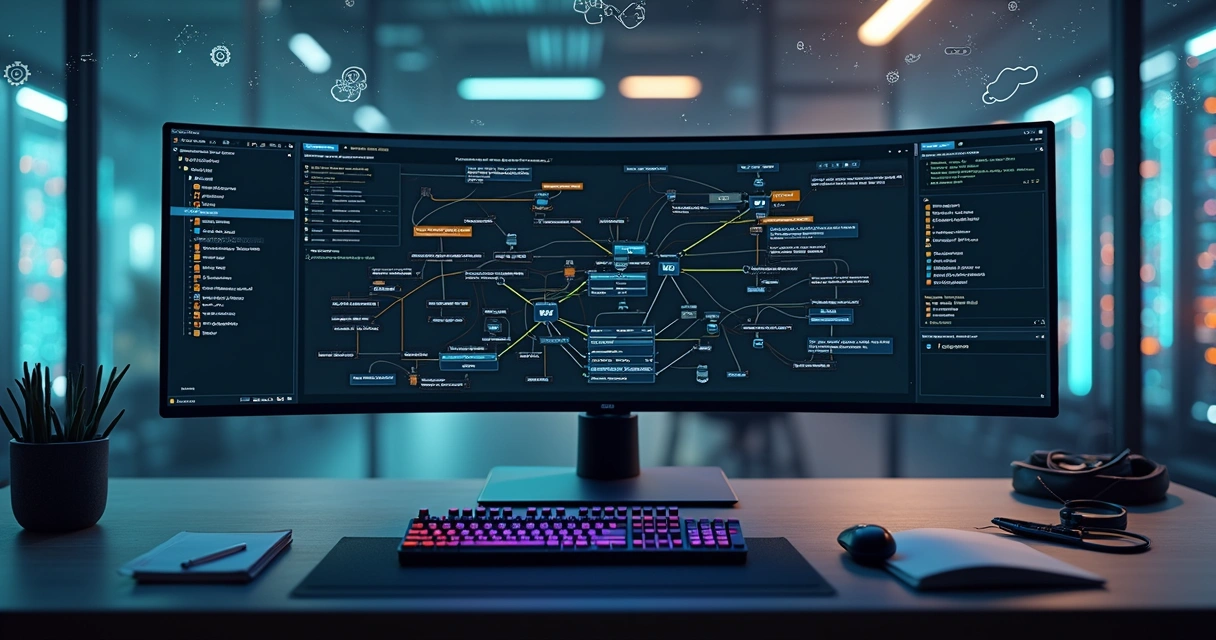 Painel de automação com fluxos de trabalho em nodes conectando múltiplos sistemas 
