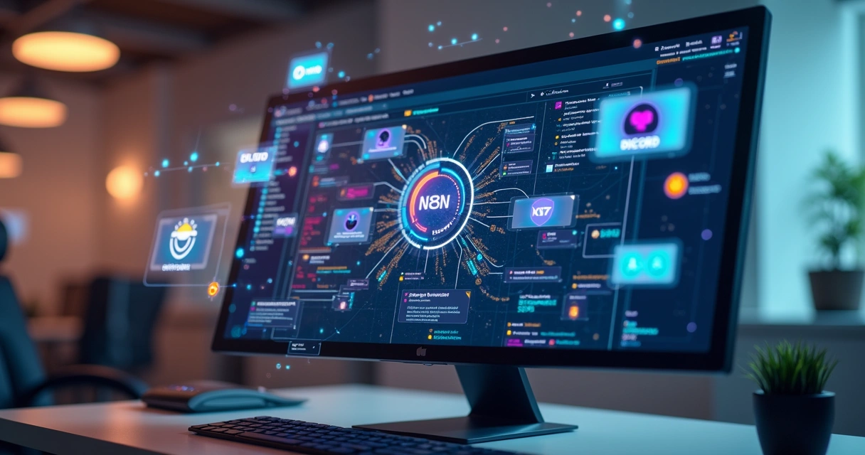Interface do N8N exibida em tela de computador com fluxos de automação conectando serviços digitais e ícones de integração tecnológica ao redor 