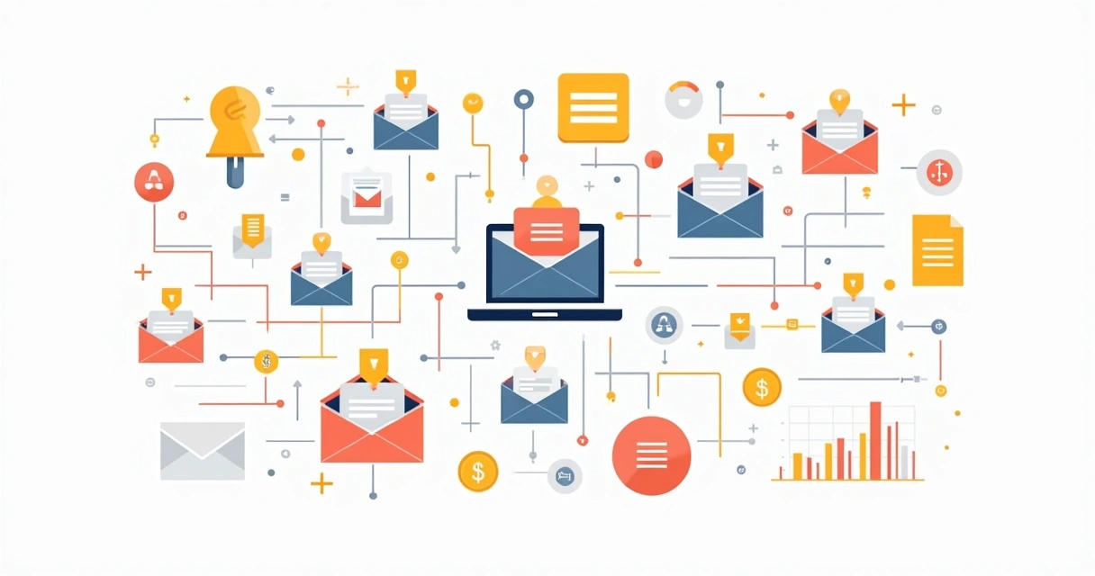 Fluxo de automação digital conectando e-mails, notificações e vendas online 