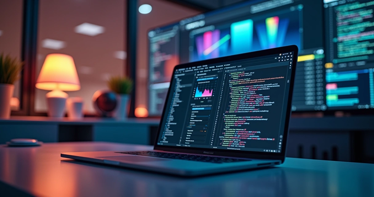 Mesa de escritório moderna com laptop aberto mostrando tela de software de automação sem código, ao redor, blocos coloridos de programação visual e gráficos de produtividade no fundo 