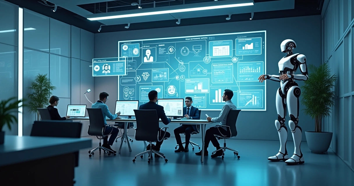 Robô digital conectando dados de negócios em telas 