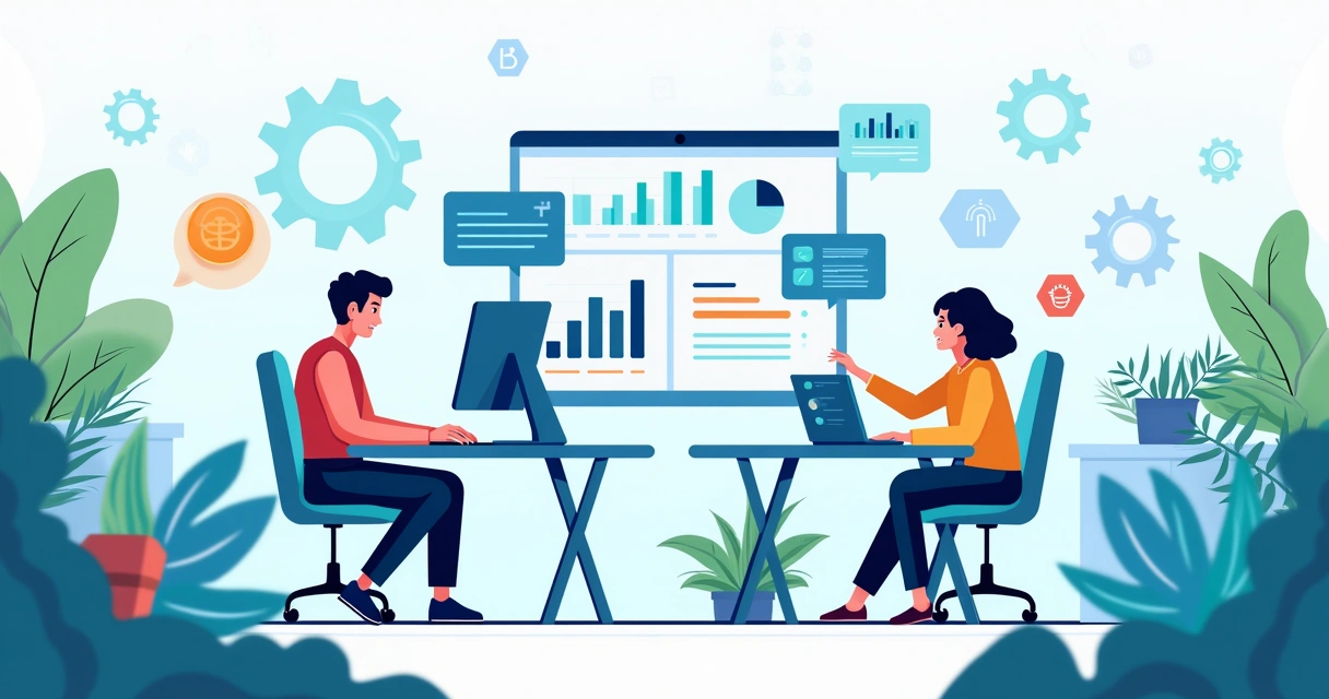Ilustração de um escritório moderno com equipe diversa utilizando automação em negócios.