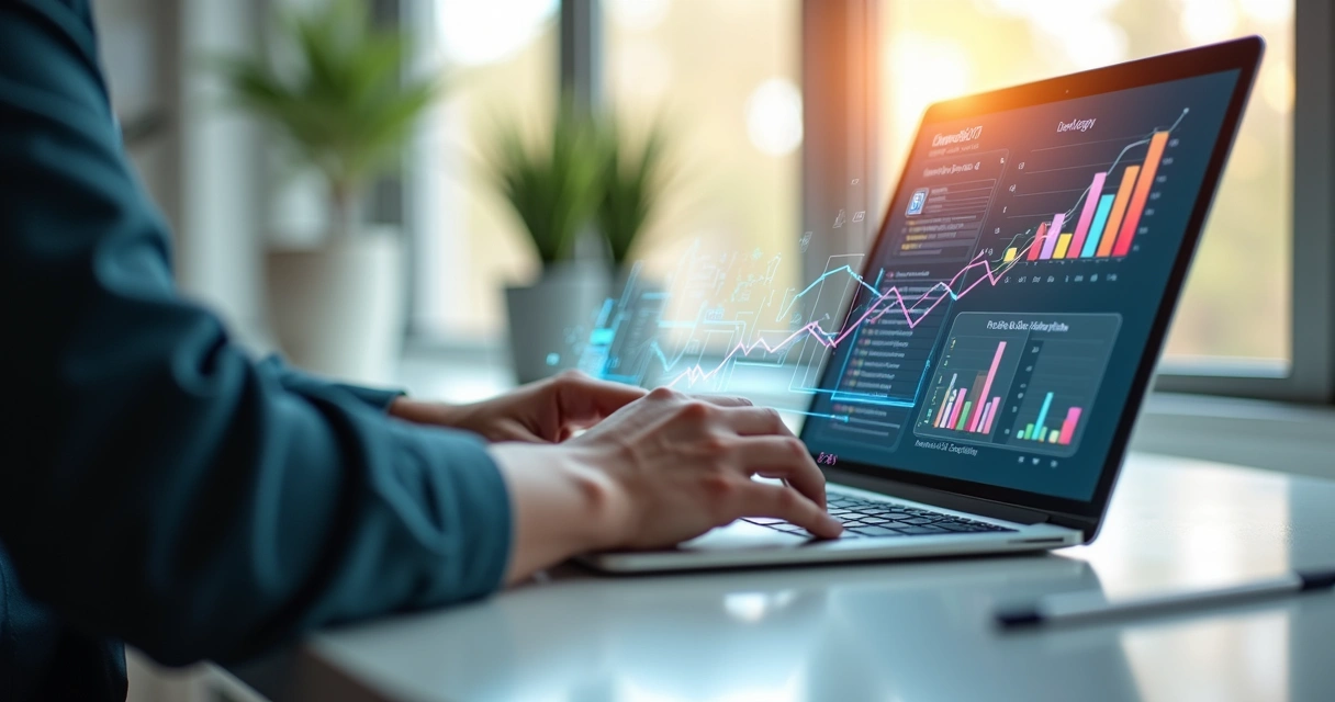 Pessoa usando laptop com gráficos e ícones digitais representando automação empresarial em ambiente de escritório 