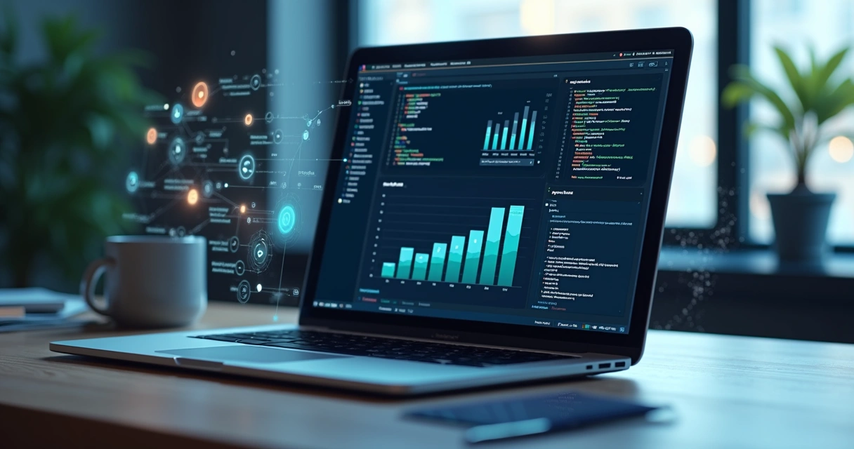 Computador exibindo tela de emissão de nota fiscal via API com códigos de programação e gráficos de dados fiscais ao fundo