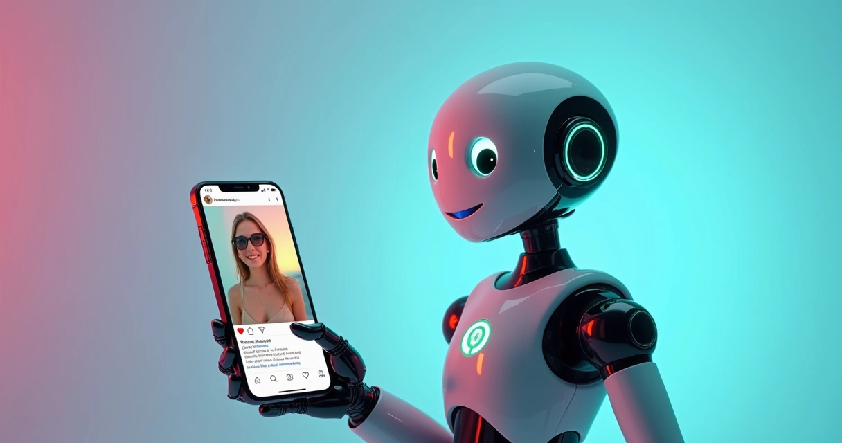 Robô humanizado interagindo com stories do Instagram ao lado de smartphone 