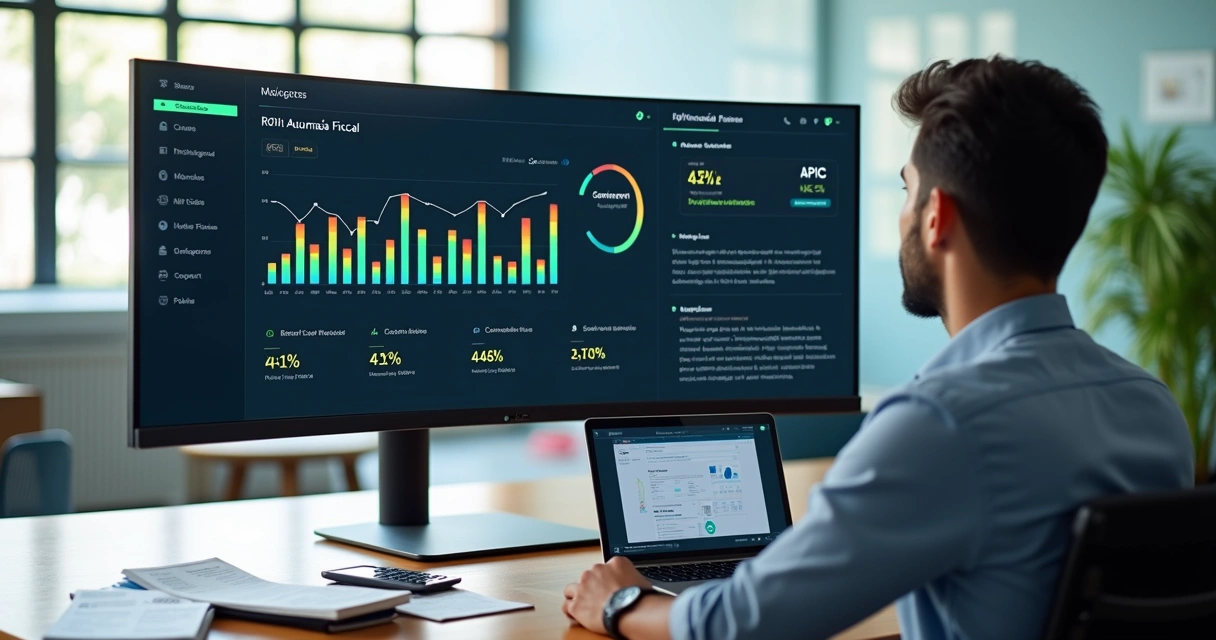 Gestor analisando gráficos de ROI de automação fiscal em dashboard com API e notas fiscais 